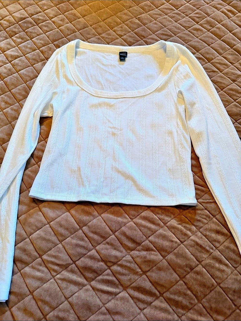 Wild Fable Long-Sleeve Scoop Neck Pointelle Knit crop Top White